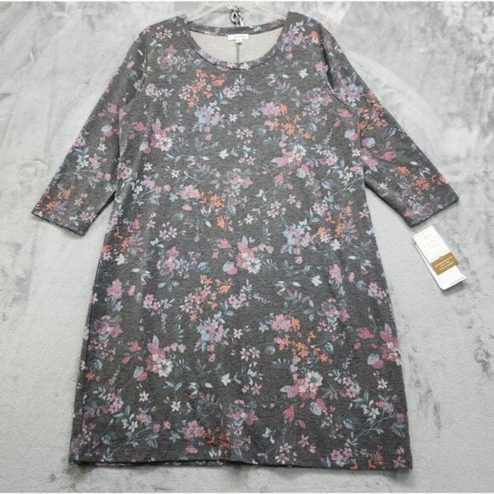 NEW Eyeshadow Dress Womens XL Gray Pink Floral T-Shirt 3/4 Sleeves Stretch Mini‎